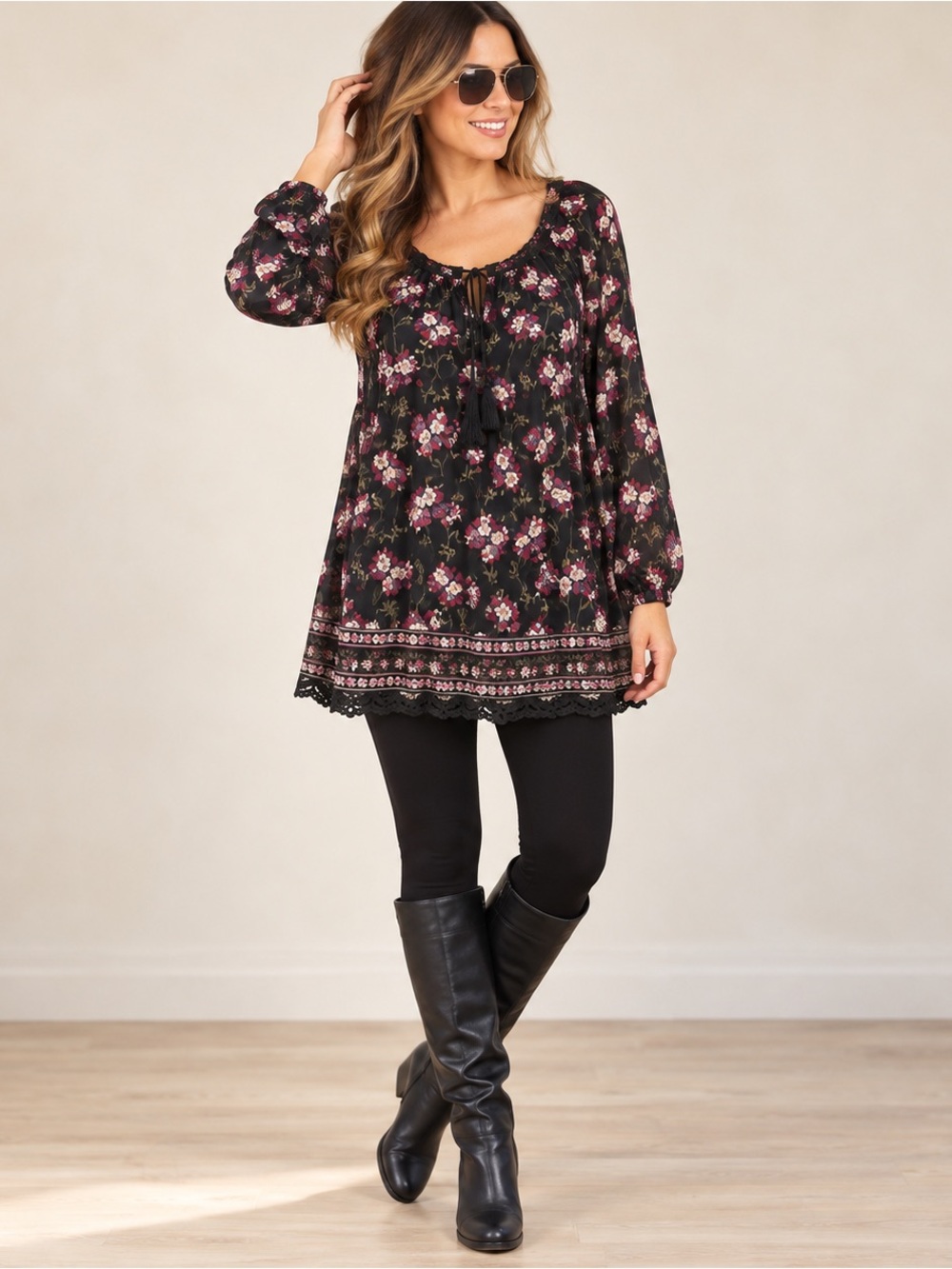 Sophie Max Black Floral Boho Tunic Top Lace Trim Size M